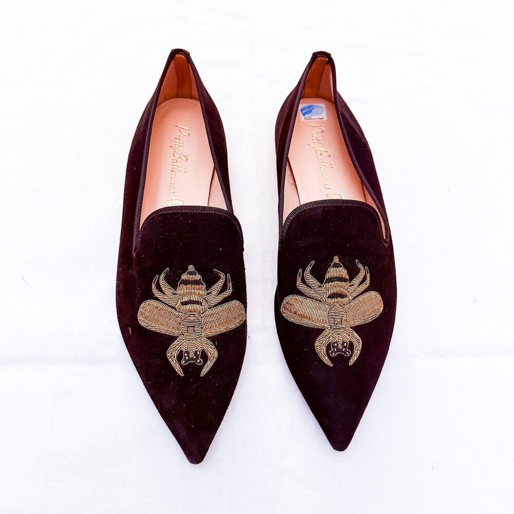 Pretty Ballerinas Black Suede Pointy Toe Ballerina Smoking Flats Size 39